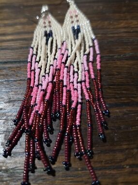 Handmade Beaded Fringe Earrings in Cream, Pink & Burgundy